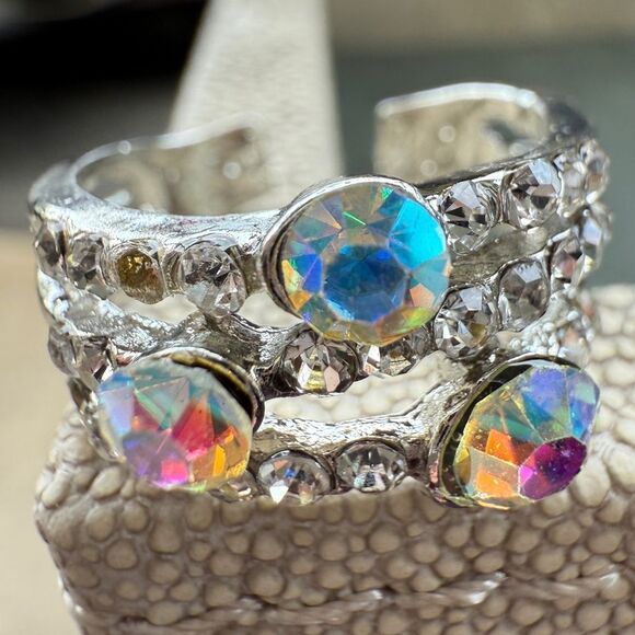 Adjustable Aurora Borealis Statement Ring Triple Band Silver Tone Sparkle - Picture 10 of 16